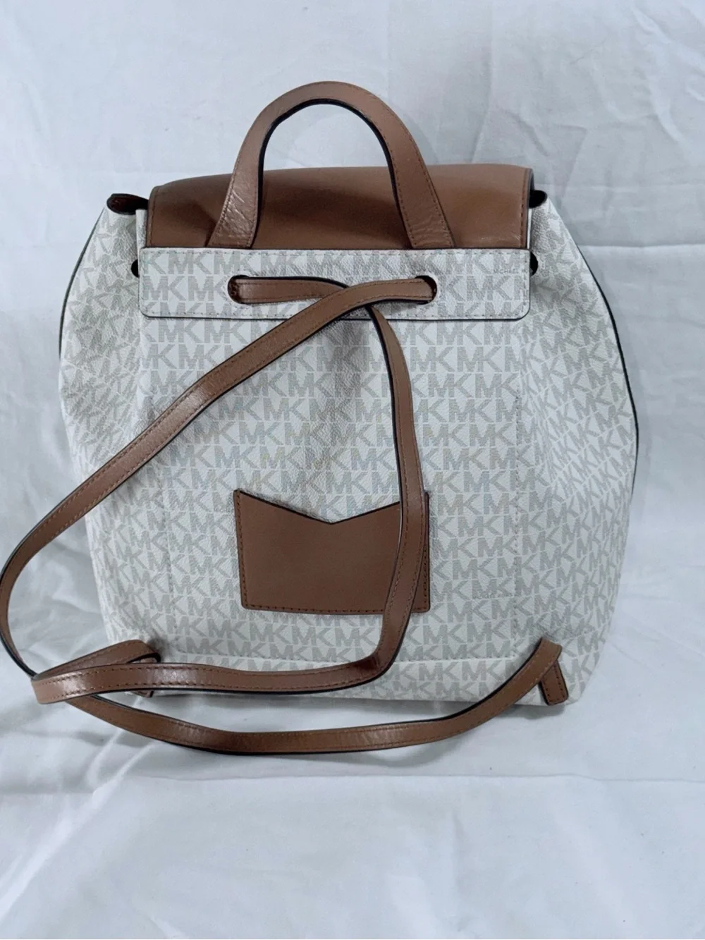 Michael Kors Junie Medium Vanilla MK Logo Drawstring Backpack Acorn Leather